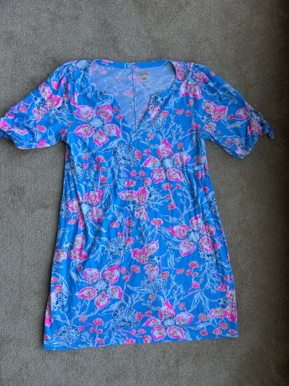 Lilly Pulitzer Easley Short Sleeve Tee shirt Dress blue pink floral dress sz XL - Picture 2 of 5